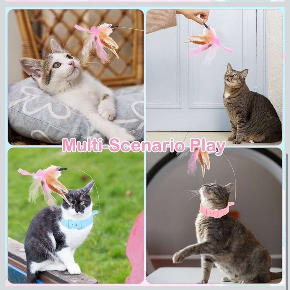 NWT (2) Cat Collar Toy Adjustable Feather Neck Teasing Silicone Bell